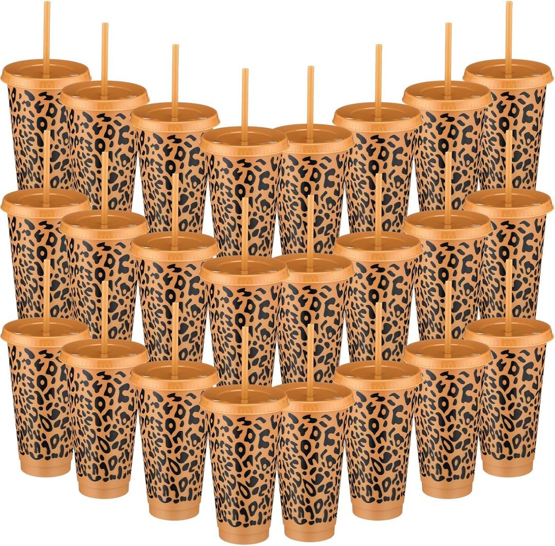 24 Pcs Cheetah Party Reusable Cups with Lid Straw 24 oz Plastic Drink Cups Tumblers Bulk for Themed Party Favor Birthday Gifts Supplies Decorations