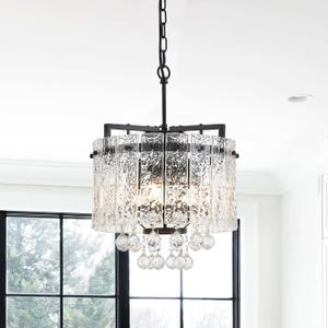 13.4" Small 4-Light Modern Glass Chandelier Light Fixtures Mini Black 2-Tier Crystal Chandeliers for Dining Room Round Hanging Ceiling Pendant Lighting for Kitchen Island Entryway Hallway