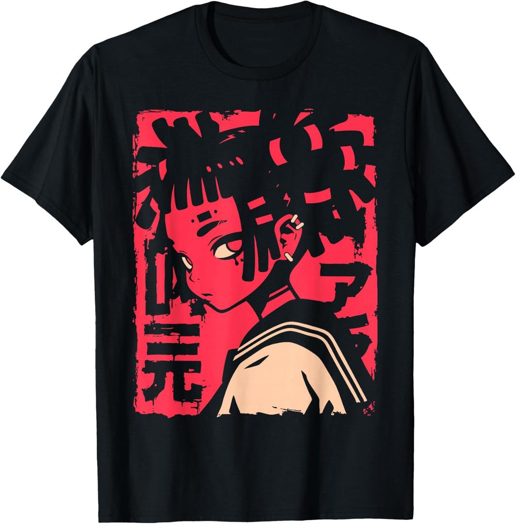Harajuku Cyberpunk Black Girl Anime Manga Waifu Japanese T-Shirt (Black, XXL)