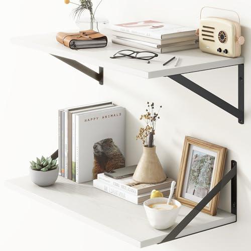 Deep Floating Shelves, 12 Inch Deep Floating Shelves for Wall, 24"W x 12"D Wall Shelves for Books, Rustic White Wooden Shelves, Large Wide Display Shelf for Bathroom, Living Room, Bedroom, Set of 1