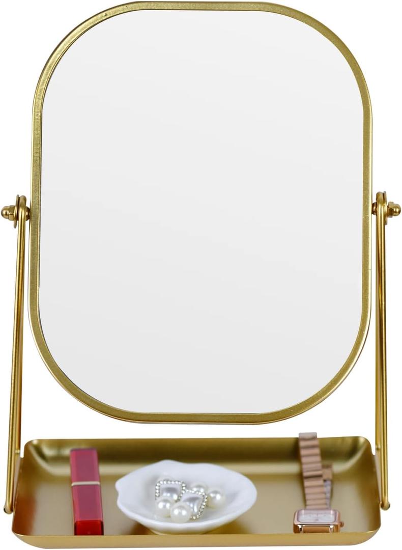 360 Degrees Rotating Metal Makeup Mirror with Storage, Vanity Mirror for Desk, Bathroom, Bedroom, Dressing Table (Gold)