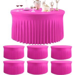 6 Pack Hot Pink Spandex Round Tablecloths for 60 inch Table, Stretchy 120inch Fitted 5FT Fuchsia Round Table Cloths, Wrinkle Free Table Cover with Skirt for Wedding Party Dining Banquet