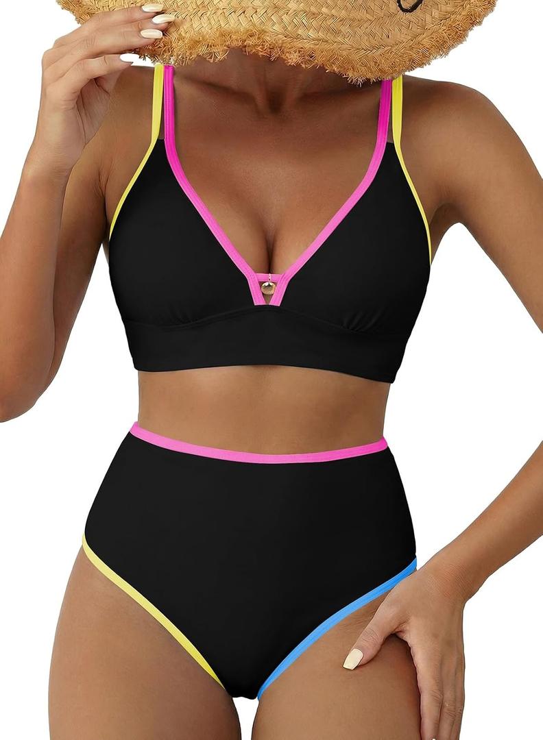 Herseas Women's 2 Piece Floral Print Bikini Sets V Neck Stitch Swimsuits High Waisted Bathing Suit Beach Summer Swimwear (Black, XL)