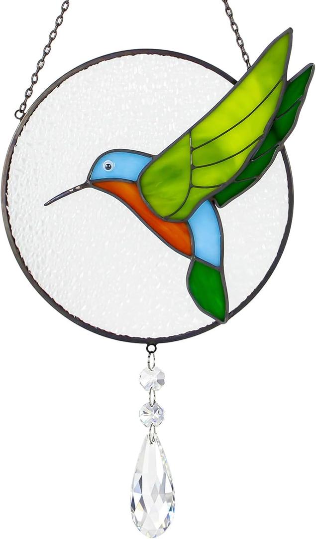 Stained Glass Suncatcher Window Hangings, 7 Inch Round Sun Catchers Glass Art with Crystal Prism, Handmade Hummingbird Designs for Home Decor or Gifts