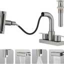 Bathroom Sink Faucet with Pull Down Sprayer 3 Holes, Brushed Nickel 4 inch 2 Handles Centerset Laundry Bar Basin Pull Out Faucet with Pop-Up Drain