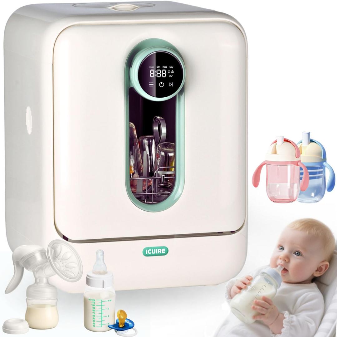 ICUIRE Baby Bottle Washer and Sterilizer and Dryer, 131-167F High Temperature Sterilize for Baby Stuff, 3.2L Water Tank to Clean Bottles, Pump Part &Pacifiers&Bowl, Newborn Parents One-Hand Operation (Beige)