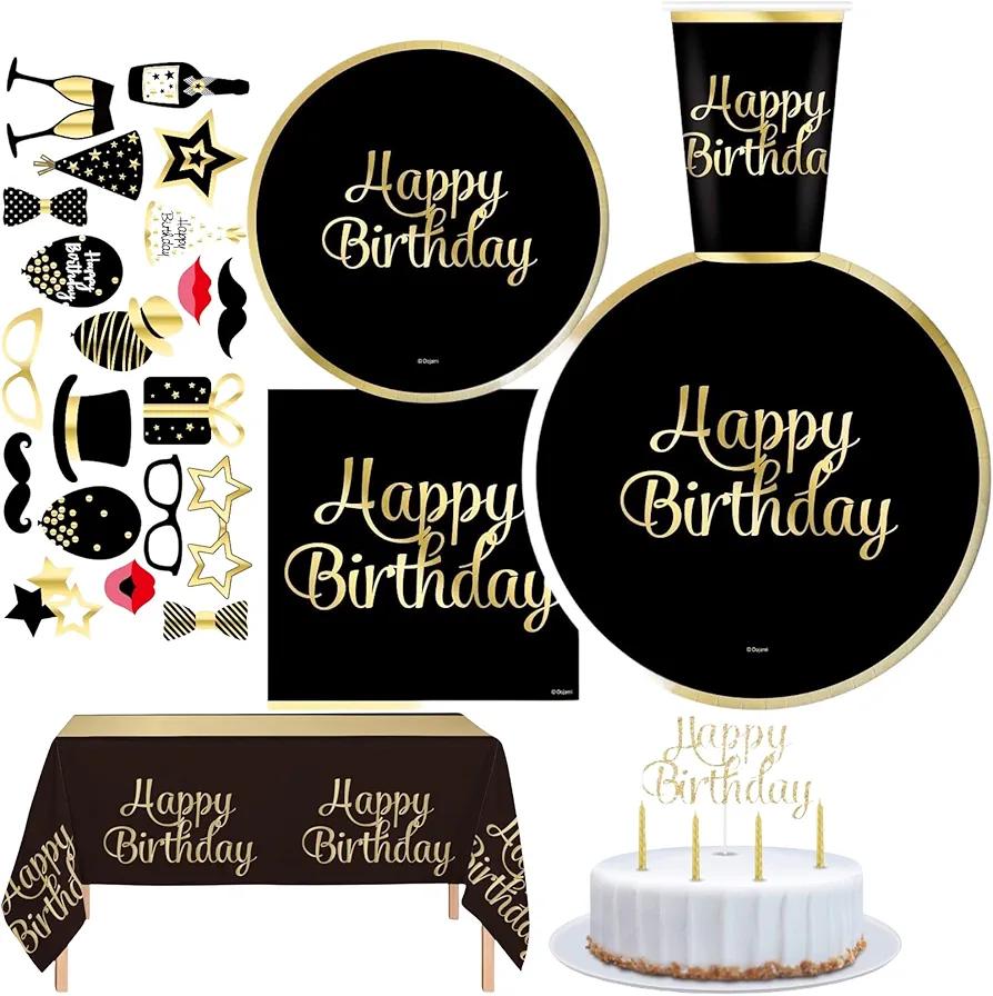 Oojami 180Piece Happy Birthday Party Supplies Set – Serves 30 Guests with 9" Dinner Plates, 7" Dessert Plates, 12 oz Cups, and 3Ply Napkins – Gold Foil Disposable Tableware Party Pack