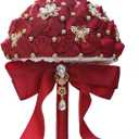 Bridal Wedding Bouquet Round Holding Bouquet Throw Toss Artificial Rose Flower Bunch for Bride Bridesmaid Wedding Quinceanera(Dark Red, 7.1")