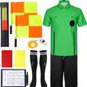 Soccer Referee Jersey, 7PCs Soccer Referee Kit, Referee Cards, Whistle, Socks, Flags, Soccer Referee Costume for Adult (Green, S)