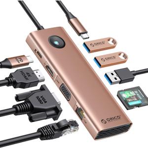 ORICO USB C Docking Station, 9 in 1 USB C Dock with HDMI 4K+PD100W+3*USB3.0+Ethernet+SD/TF+VGA, Multiport Adapter for MacBook/Dell/HP/Surface/Lenovo (Rose Gold)