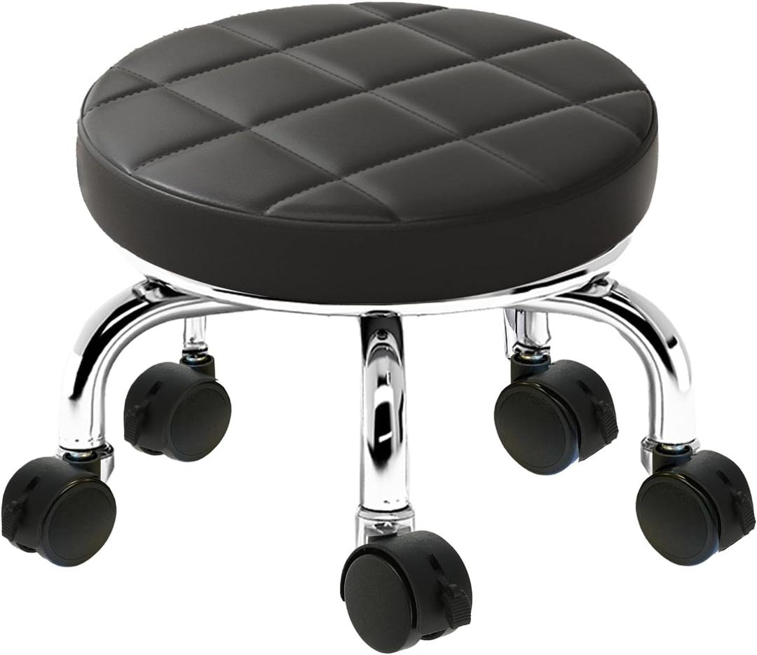 Low Rolling Stool, Small Rolling Chair Pedicure Stool with Wheels, Soft PU Leather Comfortable Chair 360Swivel Rotating, Modern Universal Wheel Low Roller Seat for Home Office Garage