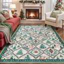 Lahome Christmas Area Rug, 5x7 Print Reindeer Rugs for Bedroom Aesthetic Large Washable Christmas Tree Carpet Indoor, Stain Resistance Non Slip Floor Carpet for Kids Room Dining Room (Beige/Green)