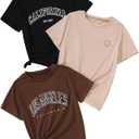 SHENHE Girl's Graphic Tees Crew Neck Short Sleeve Cute Summer Tops 3 Packs T Shirts (Black)