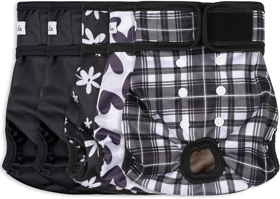 Female Dog Diapers 5Pcs - Premium Reusable Diapers for Doggie in Heat - Highly Absorbent Dog Diapers Female for Pet Incontinence with Adjustable Snaps, Black, Medium