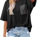 Dokotoo Womens Tops Cute Lace Summer Short Sleeves Oversized Casual T Shirts Lace Pockets (X-Large, Black)