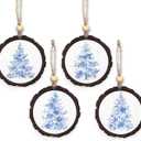 Chinoiserie Christmas Tree Floral Wooden Hanging Ornament, Blue and White Chinoiserie Floral Wooden Ornaments for Christmas Tree, Blue and White Xmas Grand Millenial Decoration, Set of 4