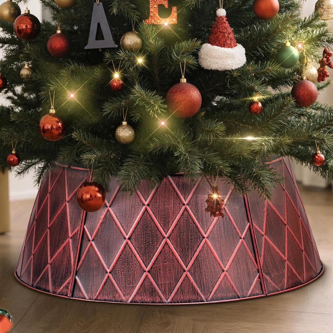 Lanpn Metal Christmas Tree Collar 24 inch, Christmas Tree Ring Collar for Small Mini Pencil Xmas Stand Cover Real Artificial Trees Indoor Outdoor Decoration (Red, Diamond)