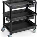 ELAFROS Multi-Use Plastic Utility Cart - 32.4x18.3 Rolling Cart, Service Cart with 3 Deep Shelves, Industrial Work Cart Organizer, 500 lbs Capacity, Black, with Power Strip