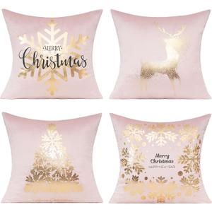 All Smiles Christmas Decorations Throw Pillow Covers Cases 16X16 Set of 4 Winter Xmas Indoor Home Holiday Dcor Ornaments Velvet Navidad Cushion for Sofa Tree Snowflake ReindeerPink Gold