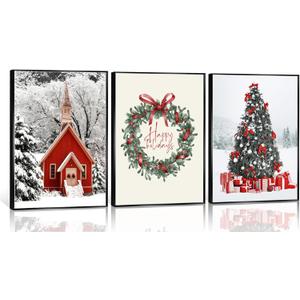 3Pcs Christmas Wall Art Red House Christmas Tree Gift Pictures Fashion Modern Christmas Canvas Paintings Prints Wall Decor Winter Snow Scene Holiday Aesthetic Posters Suitable for Living Room Bedroom Office Decoration Unframed