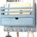 Rebee Vision Rustic Mail Organizer Wall Mounted with Drawer Organizer  Farmhouse Key and Mail Holder for Wall with 7 Key Hooks  Home Essentials for Room Decor Aesthetic (Distressed Blue)