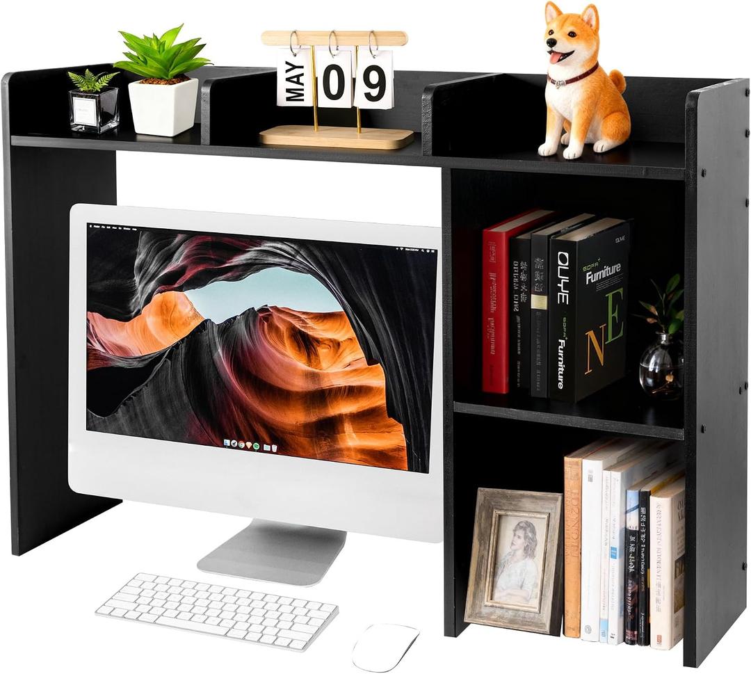 GRETJOB Desktop Hutch Bookshelf, Wooden Desk Storage Hutch with 5 Shelves for Computer Desk, Desktop Shelf for Top of Desk, Desktop Bookshelf for Dorm Office Home, 32.5 x 23.5 x 8 Inches, Black