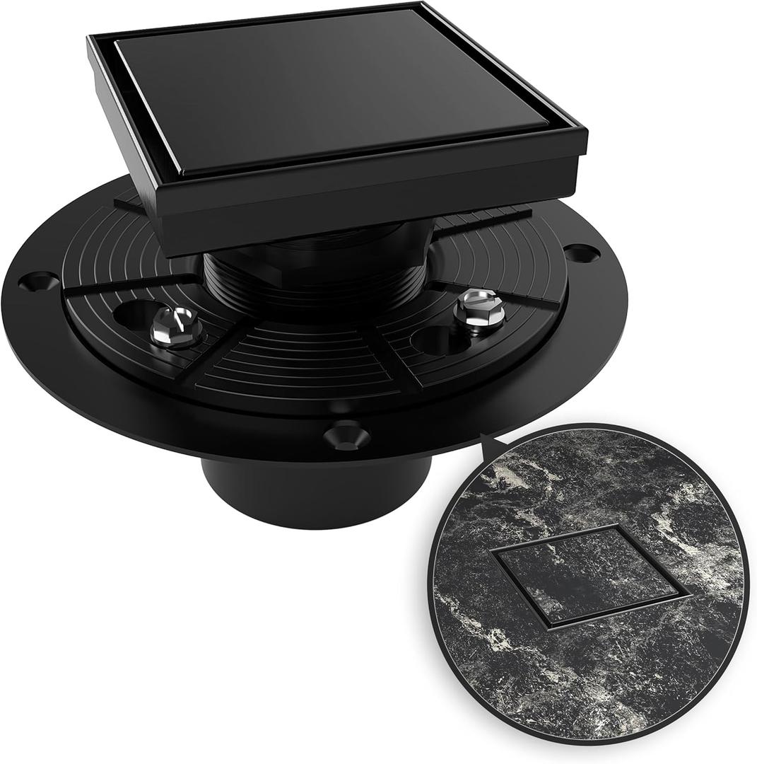 WEBANG 4 Inch Square Shower Drain Black Floor Drain with Flange Reversible 2-in-1 Cover Tile Insert Grate Removable SUS304 Stainless Steel CUPC Certified Matte Black