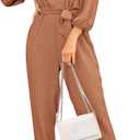 PRETTYGARDEN Women's Fall Jumpsuits Dressy Casual Pants Romper Spring Long Sleeve V Neck Belt Pockets One Piece Outfits (Medium, Camel)