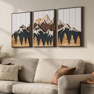 Framed 3D Wood Mountain Textured Wall Art for Living Room, 3 Piece Farmhouse Modern Wood Artwork for Walls, Landscape Mountain Forest Sun Wall Art Decor for Home Office Bedroom Hallway, 16x24 Inch, 16" W x 24" H x 3Pcs
