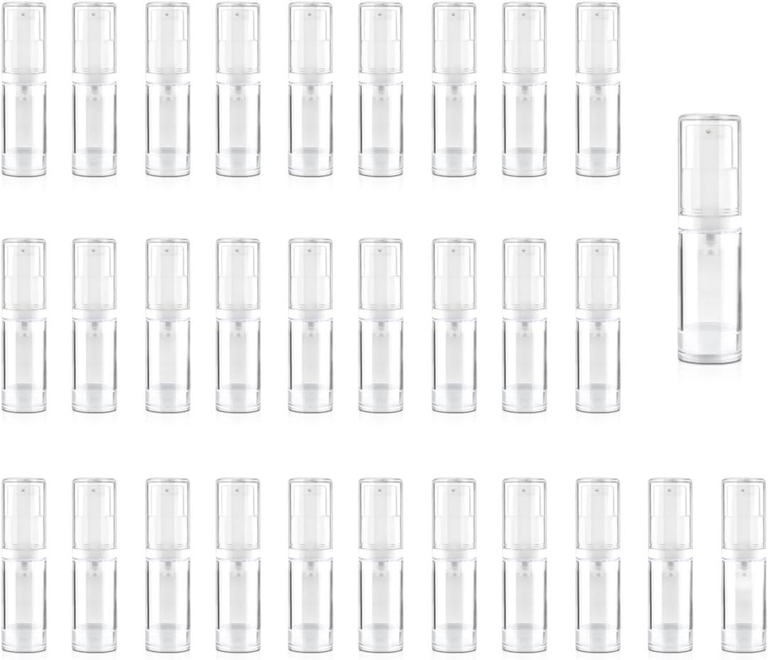 30Pcs 5ml Clear Vacuum Lotion Pump Bottles without Straw Empty Refillable Airless Cream Jars Mini Cosmetic Containers for Essense Foundation Gel Moisturiser,2 Pipettes,1 Funnel