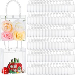 Abbylike 200 Pcs Clear Plastic Gift Bags with Handles 5.9x6.3x2.8 Inch, Bulk Transparent PVC Small Shopping Tote Bags Reusable with Button for Mother's Day Wedding Party Favors Boutique Merchandise