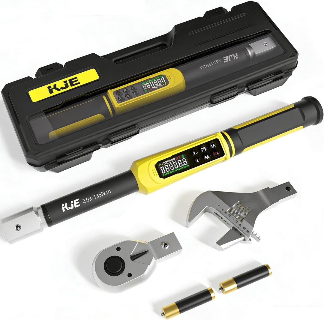 KJE 1/2" Adjustable Digital Torque Wrench, 1% Accuracy, 1.5-99.6 Ft.lb/2-135 Nm, Replaceable head HVAC Torque Wrench set with 45mm Jaw, Vibration, Buzzer, and LED Indicator for Split AC, Moto, Car
