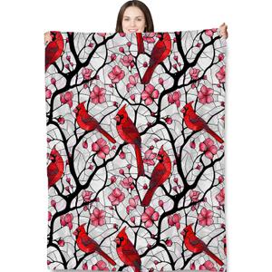 Cardinal Bird Throw Blanket for Adults Kids, 50x60 in, Red Bird and Pink Flower Theme Flannel Blankets for Bedroom, Couch, Travel, Home Decor, Fuzzy Soft Cozy Warm Gifts