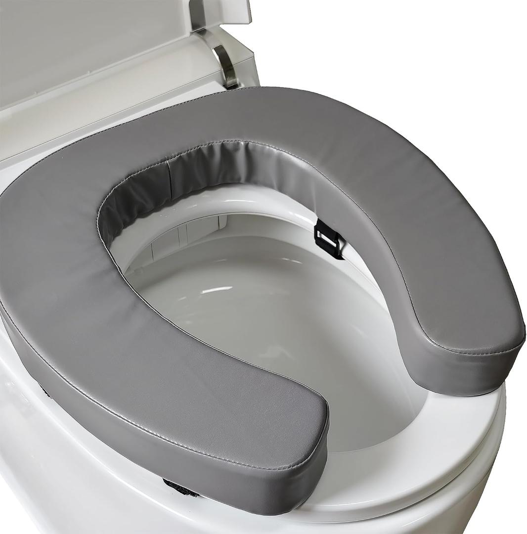 Padded Toilet Seat Cushion with 2-Inch High-Density Foam & Waterproof PU Fabric, U-Shape Padded Toilet Cushion - Secure Hook & Loop Tape, Fits Standard Toilets (Grey)