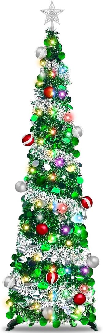 6 FT Pop Up Christmas Tree with 100 Warm White & Multicolor Lights Lights &Timer, Green Christmas Tinsel Tree, Collapsible Artificial Pencil Tree for Home Party Decor, Battery Powered, Easy Assembly