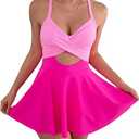 B2prity Women Cutout One Piece Skirt Swimsuit V Neck Wrap Tie Back Swimdress Tummy Control Bathing Suits Hot Pink Size M