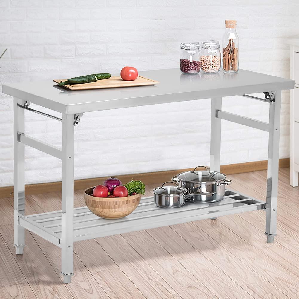 Stainless Steel Table 48 * 24 in, Portable Kitchen Island Prep Work Bench with Foldable Legs, Adjustable Undershelf for Restaurant, Sliver