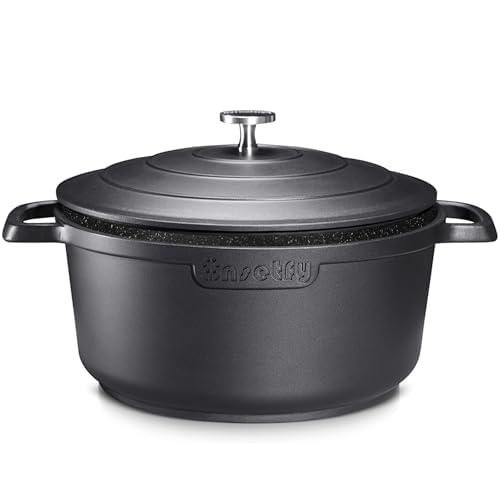 INSETFY Large Dutch Oven Pot with Lid-7.5QT Cast Aluminum Oven Pot with Two Handles Lightweight for Bread Baking Braising and Roasting(Black)
