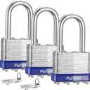Puroma Lock 3 Pack Padlocks, 1-1/2 Long Shackle Heavy-Duty Locks with 6 Keys, 40mm Hardened Steel Keyed Alike Padlocks for Sheds, Gates, Fences, Toolbox, Outdoor and Indoor UseSilver