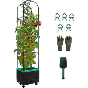Raised Garden Bed with Self Watering Garden Pots, Planter Box with Trellis for Climbing Plants Vegetable Vine Flowers, Tomato Cage Planter for Indoor Outdoor Yard Greenhouse Use