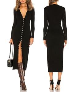 Women V Neck Long Sleeve Maxi Cardigan Dress Button Down Sweater Dress(Black,L)
