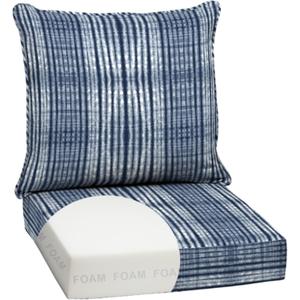 Arden Outdoor Foam Deep Seat Cushion Set, 24 in x 24 in, Weather-Proof, Rain-Proof, Fade Resistant Patio Cushion, Bottom and Back Cushion for Chair, Sofa, and Couch Blue Shibori Stripe