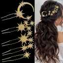 5 Pcs Celestial Crystal Bridal Hair Pins Set, Star & Moon Rhinestone Hair Accessories for Wedding, Goddess-Style Hair Pieces for Women(Gold)