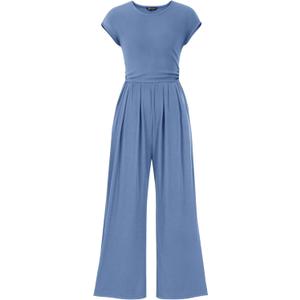 PRETTYGARDEN Summer Jumpsuits for Women Dressy Casual | Soft Ribbed Fabric, Crewneck Cap Sleeve, Back Zipper, Pockets, Wide Leg Pants Rompers, One Piece Outfits, Work Office Clothes (Blue, XXL)