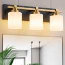 3 Light Modern Bathroom Light Fixtures Over Mirror, Black Gold Vanity Lights for Bathroom Wall Sconces with Milky White Glass Shades, E26 Socket (Bulbs Not Included)