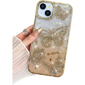 BITOBE Designed for iPhone 15 Plus, Cute 3D Butterfly Case Slim Plating Glitter Bling Luxury Cover for Women Girls Protective Camera Protection Bumper 6.7" Gold