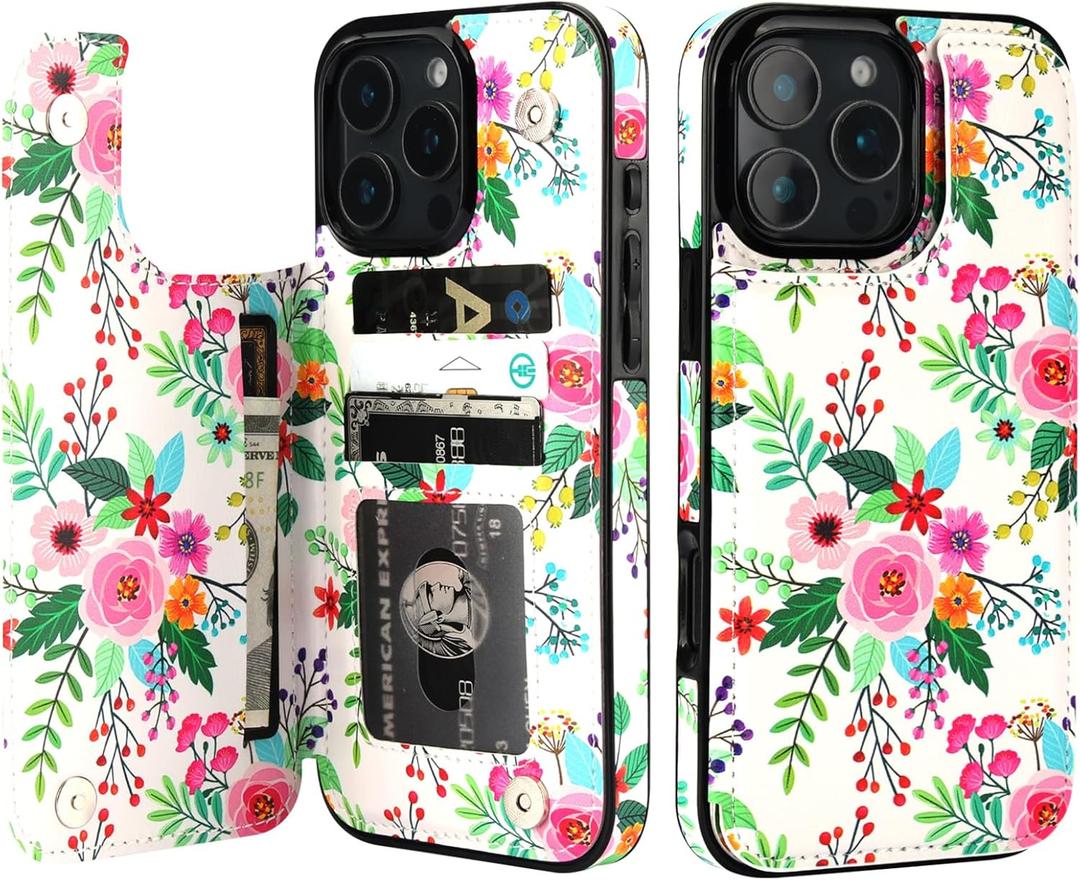 HAOPINSH for iPhone 16 Pro Max Wallet Case with Card Holder, Colorful Florals Pattern Back Flip Folio PU Leather Kickstand Card Slots Case for Women Girls, Double Magnetic Clasp Shockproof 6.9"