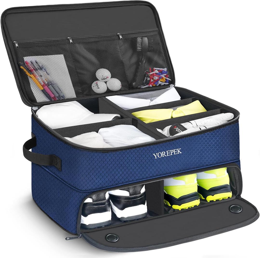 YOREPEK 2 Layer Golf Trunk Organizer, Golf Gifts for Men with Separate Ventilated Compartment for 2 Pair Shoes, Waterproof Car Trunk Locker for Balls, Tees, Clothes, Gloves, Gifts for Golfers