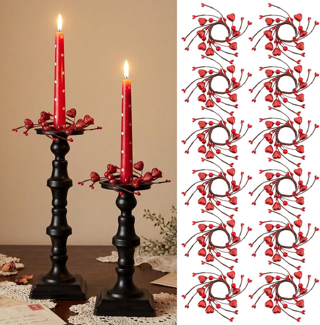 Canlierr 12 Pcs Valentines Taper Candle Rings Wreaths Decorations 1.77 Inch Mini Red Heart Taper Candleholder Wreaths for Valentines Holiday Wedding Home Table Centerpiece Candlesticks Decor