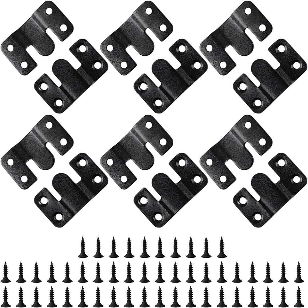 12PCS 2.09 x 1.18 inch Black Flush Mount Bracket Stainless Steel Interlock Hanging Buckle Z Clips Headboard Wall Mounting Brackets French Cleat Picture Hanger Heavy Duty with 48PCS Screws